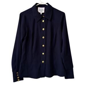Alexia Admor Navy Long Sleeve Blouse Women Size 6 Gold-Tone Buttons Lux Work Top